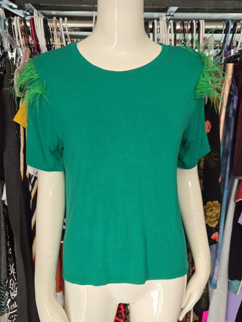 Feather-Trim Short Sleeve Top - Green